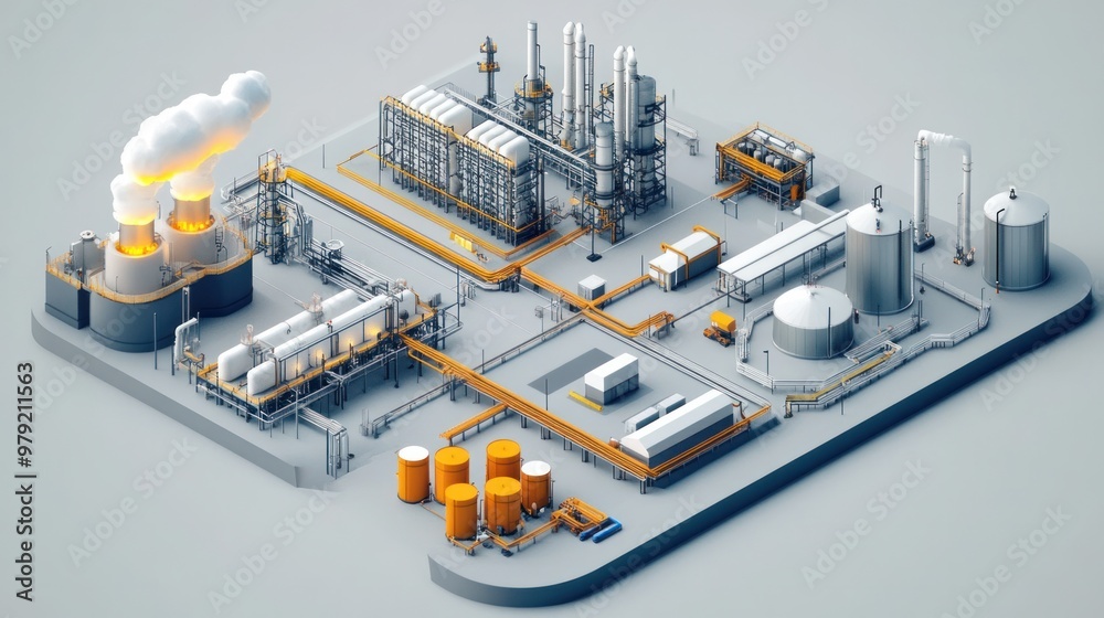 A natural gas supply chain visualization, showing gas being transported from production sites, through pipelines, to storage facilities and distribution centers A natural gas supply chain visualization, showing gas being transported from production sites, through pipelines, to storage facilities and distribution centers