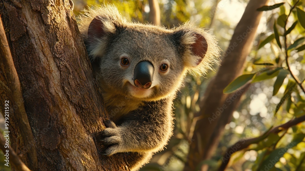 Obraz premium Curious Koala Descending Eucalyptus Tree in Lush Forest Habitat - Capturing Textured Fur and Agile Movement