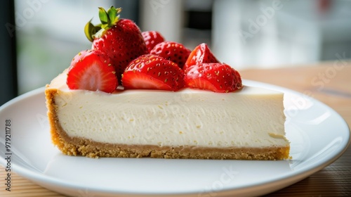 A slice of strawberry cheesecake with strawberries on top