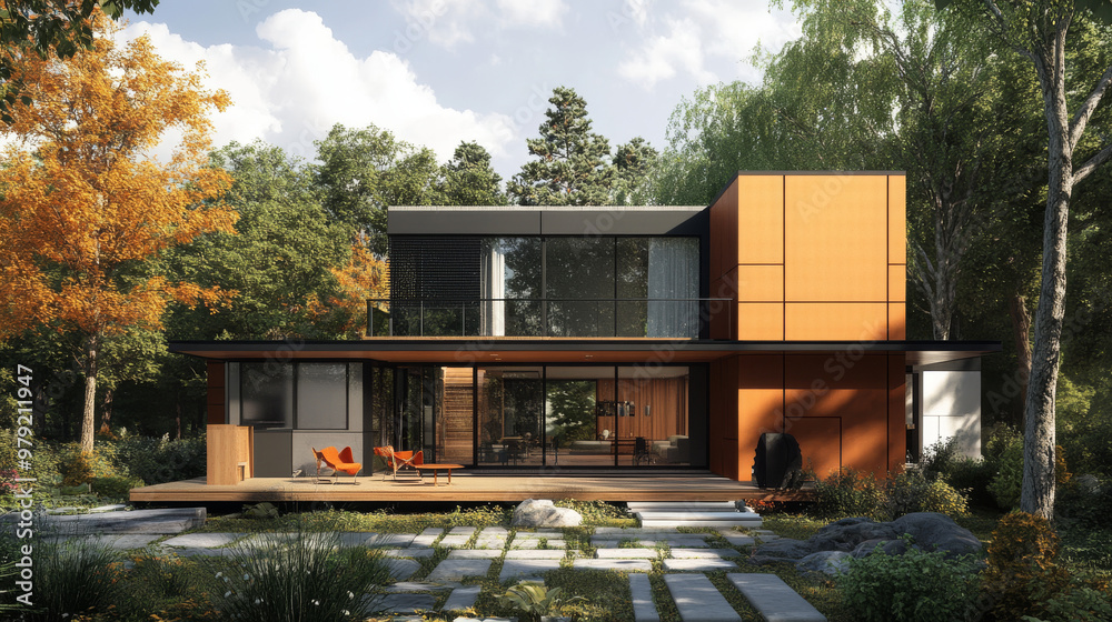 A modern house design showing the inside and outside, created with a 3D computer program. A modern house design showing the inside and outside, created with a 3D computer program.