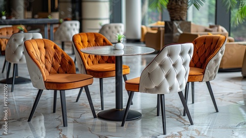 Stylish indoor seating arrangement in a modern cafe with elegant decor and plush chairs. Generative AI