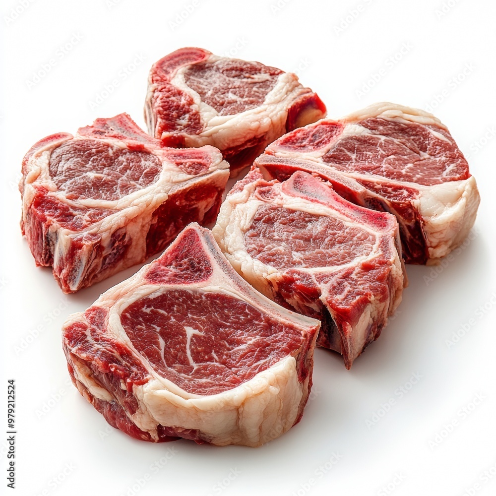 raw lamb or mutton chump chops meat, still on the bone. The meat is rich and marble with streaks of fat, which are prominent in areas, especially along the edges. raw lamb or mutton chump chops meat, still on the bone. The meat is rich and marble with streaks of fat, which are prominent in areas, especially along the edges.