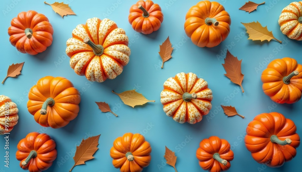 Autumns bounty Pumpkins and leaves in a vibrant display Autumns bounty Pumpkins and leaves in a vibrant display