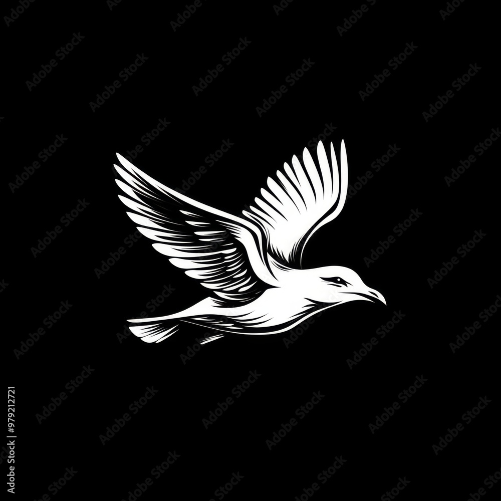 Obraz premium A stylized white bird with open wings in flight, isolated against a black background.
