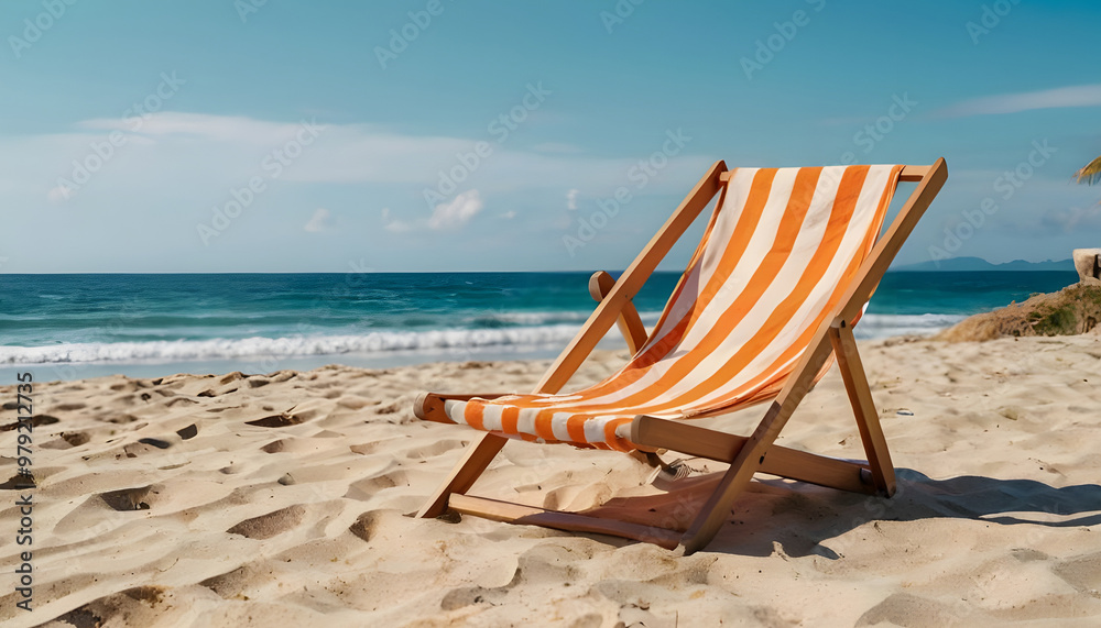 Beach scene wooden chair lounger striped orange towel, sunglasses, sandy beach ocean view clear sky relaxation vibes Beach scene wooden chair lounger striped orange towel, sunglasses, sandy beach ocean view clear sky relaxation vibes