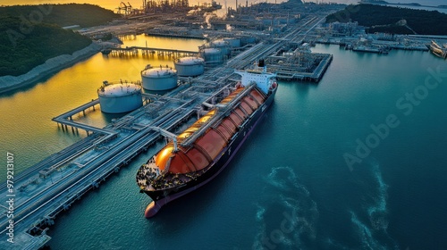 A port where LNG tankers are being loaded with liquefied natural gas, with pipelines and storage tanks visible, highlighting the scale of global LNG transport photo