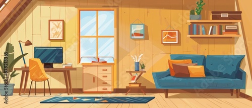 A cartoonish drawing of a living room with a blue couch, a chair, a desk