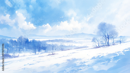 美しい雪原の水彩イラスト風景