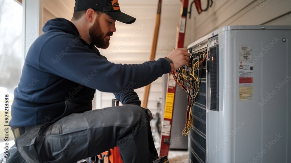 A professional electrician installing a new AC unit, carefully managing the wiring and electrical connections, with a ladder and toolbox visible in the background A professional electrician installing a new AC unit, carefully managing the wiring and electrical connections, with a ladder and toolbox visible in the background