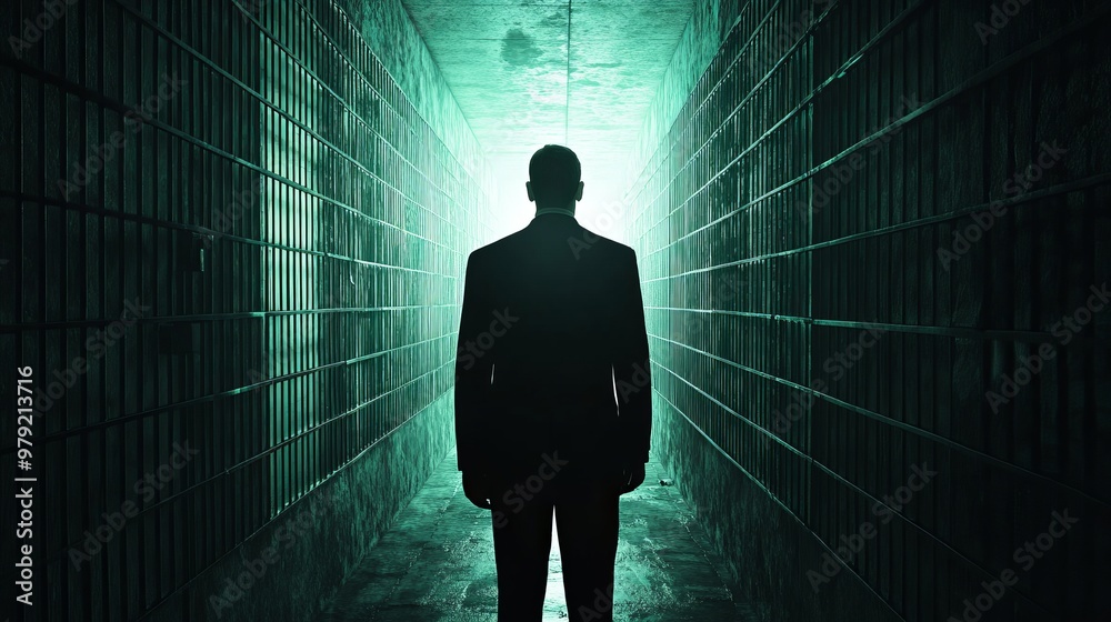 A man stands in a dark tunnel with a green light shining on him A man stands in a dark tunnel with a green light shining on him