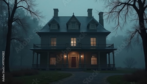  Eerie Victorian mansion foggy night mystery awaits photo