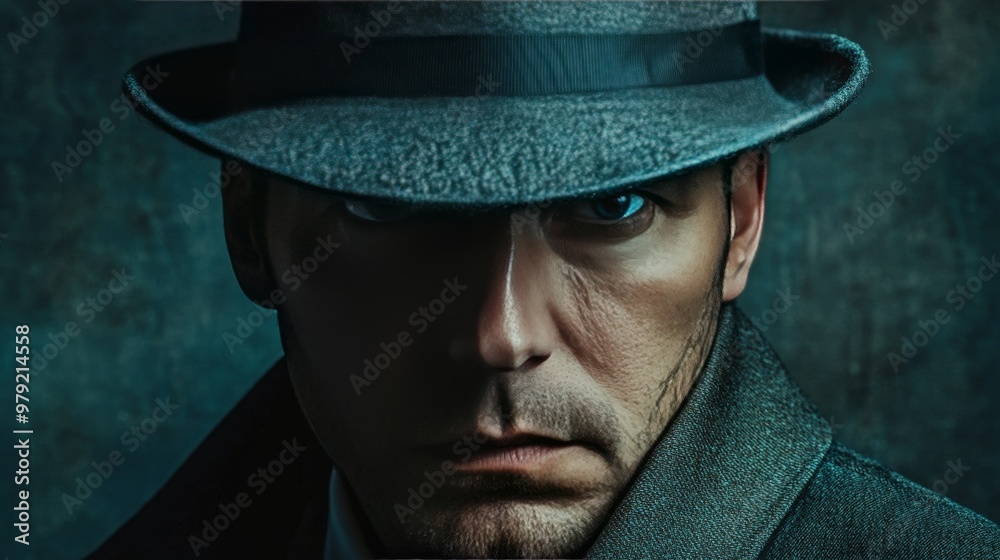 A man wearing a hat and a dark coat is staring at the camera