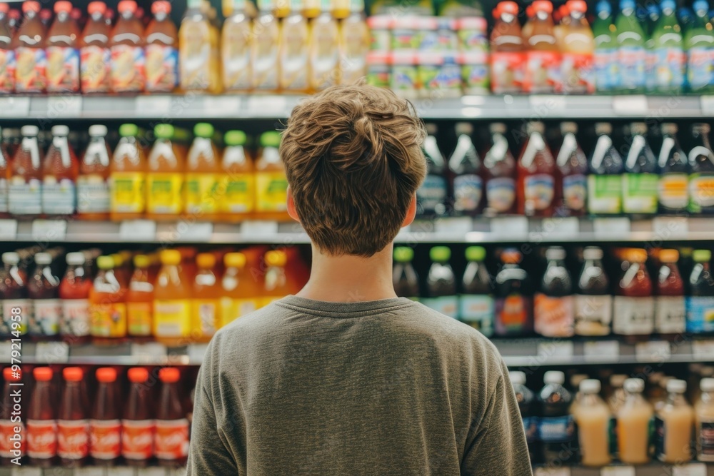 Young man looking at bottle of juice in grocery store supermarket environment experience. Young man looking at bottle of juice in grocery store supermarket environment experience.