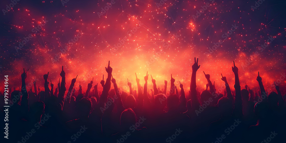 Concert Crowd Illustration - Cheering Fans with Hands Up at Music Festival Under Red Lights Concert Crowd Illustration - Cheering Fans with Hands Up at Music Festival Under Red Lights
