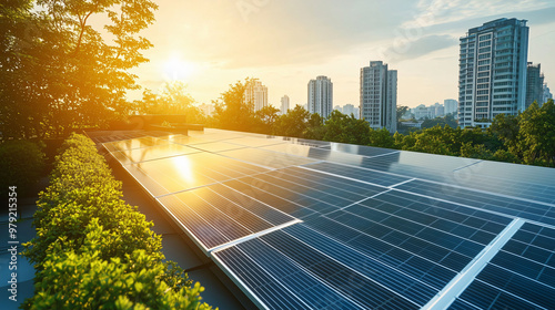 Solarpark am Rande einer modernen Bürostadt zur Versorgung des Strombedarfs, erneuerbare Energie und umweltbewusste Technologie für eine Stadt durch Photovoltaik