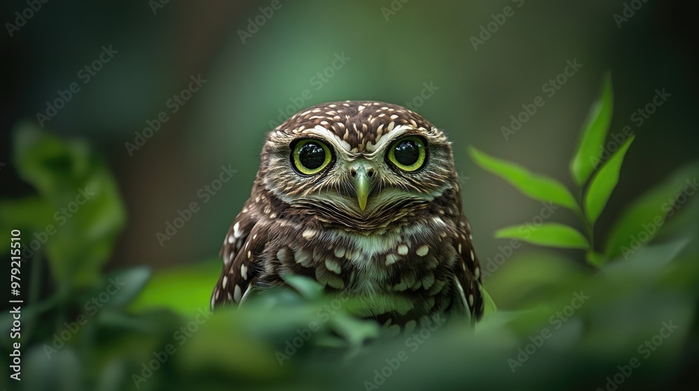 A front view of an owl with gleaming eyes, perched in its natural habitat, perfect for wildlife photography enthusiasts. A front view of an owl with gleaming eyes, perched in its natural habitat, perfect for wildlife photography enthusiasts.