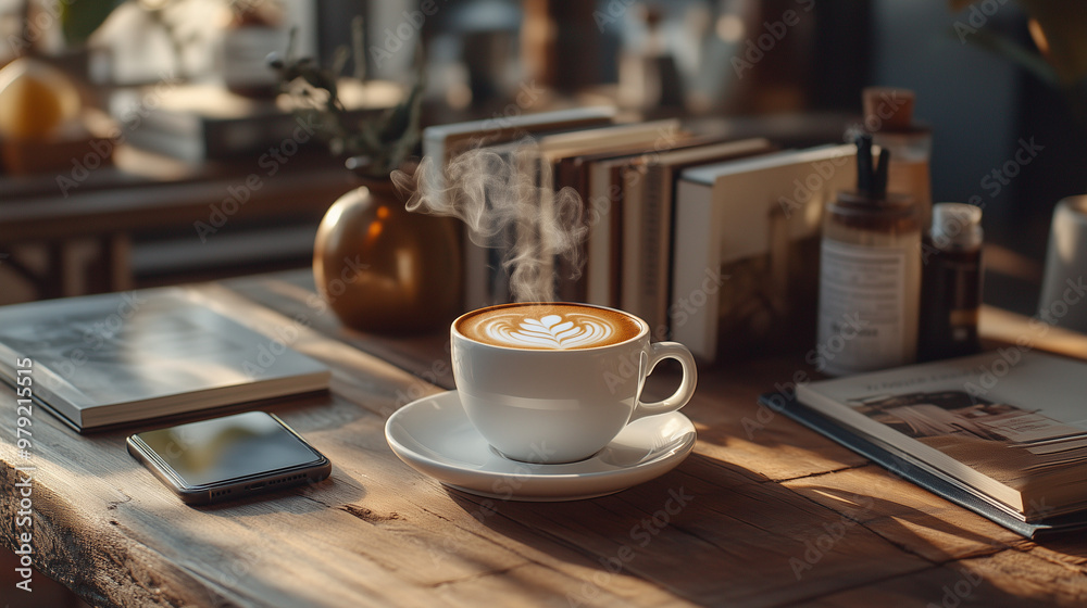 a steaming hot latte with intricate foam art on a wooden table in an aesthetic setup studio.The scene feels modern and cozy, with a carefully curated balance of props in a clean, stylish environment. a steaming hot latte with intricate foam art on a wooden table in an aesthetic setup studio.The scene feels modern and cozy, with a carefully curated balance of props in a clean, stylish environment.