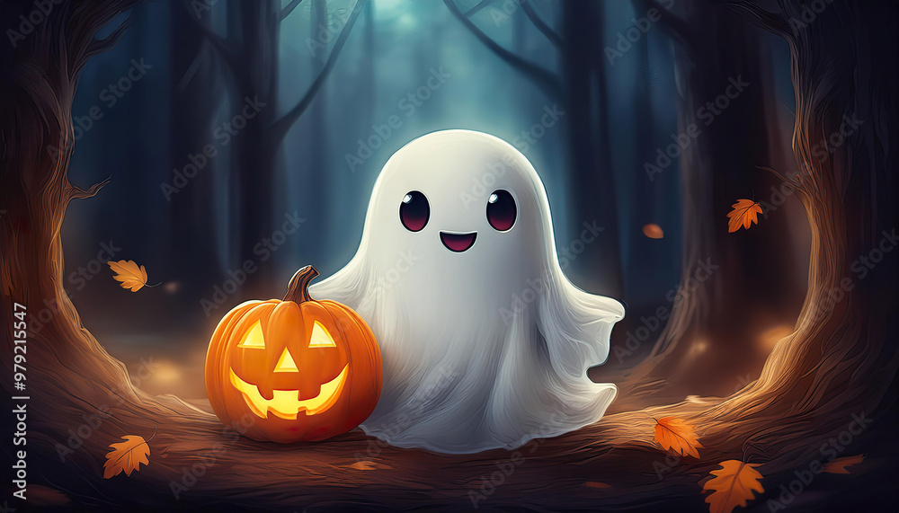 Cute Ghost with Jack-o-Lantern in Forest