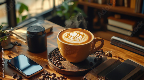 a steaming hot latte with intricate foam art on a wooden table in an aesthetic setup studio.The scene feels modern and cozy, with a carefully curated balance of props in a clean, stylish environment. photo