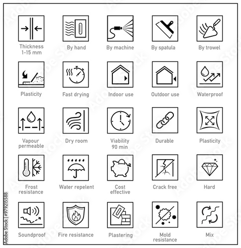 Set icons for finishing, decoration materials. The outline icons are well scalable and editable. Contrasting vector elements are good for different backgrounds. EPS10.	