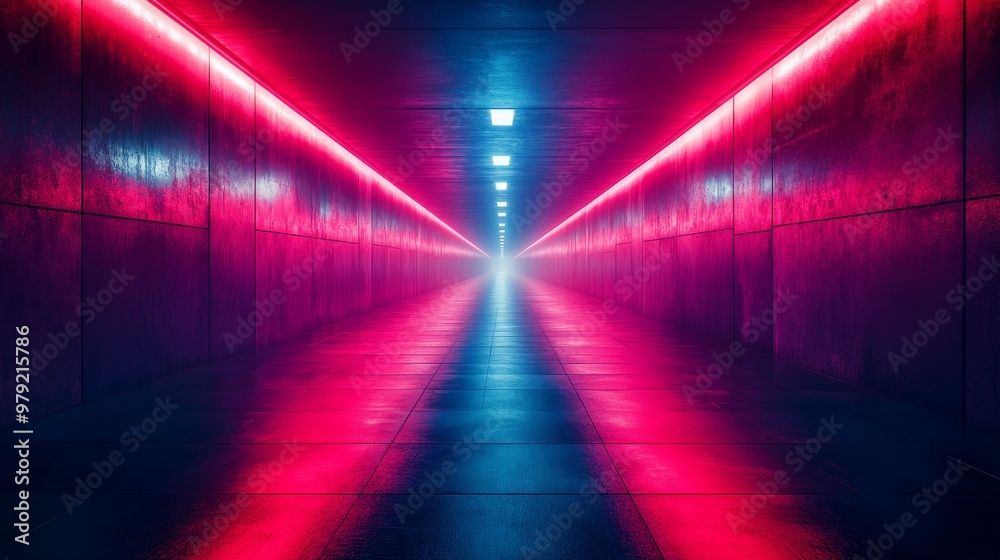 A long tunnel with red and blue lights A long tunnel with red and blue lights