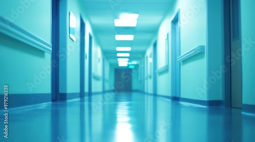 Close up view of a hospital or clinic corridor, blurred background. Ai generated image