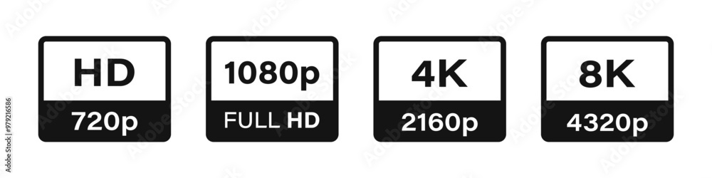 Video Quality and Resolution icons. Full HD, 4k, 8K logo, sign. Vector Video Quality and Resolution icons. Full HD, 4k, 8K logo, sign. Vector