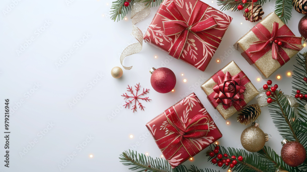Traditional red and gold gift boxes with festive ribbons on a white background. Scattered pine needles and ornaments Traditional red and gold gift boxes with festive ribbons on a white background. Scattered pine needles and ornaments