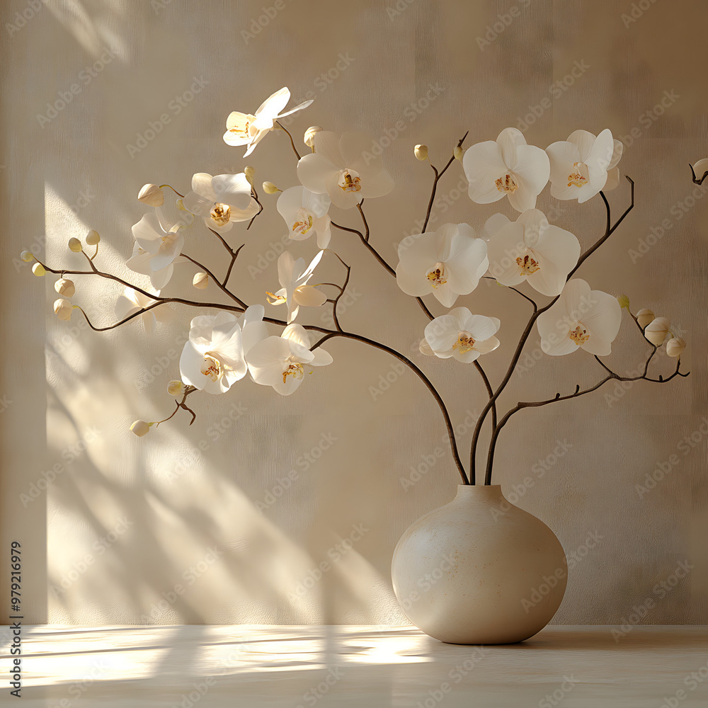 Elegant white orchids in a minimalist vase, illuminated by soft sunlight, creating a serene and stylish ambiance. Elegant white orchids in a minimalist vase, illuminated by soft sunlight, creating a serene and stylish ambiance.
