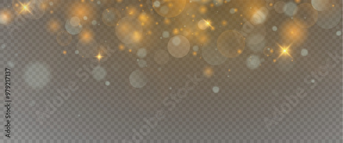 Christmas glowing bokeh confetti light and glitter texture overlay for your design. Festive sparkling gold dust png. Holiday powder dust for cards, invitations, banners, advertising.