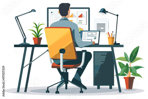 Man doing home office in his modern office. Free lancer concept. Minimalist illustration photo