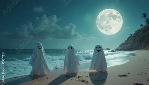 Fototapeta Naklejka Na Ścianę i Meble -   Ghostly trio under the moonlight on the beach