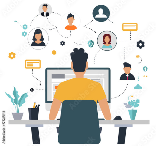 Professional social media manager. Flat design illustration, simple vector graphics