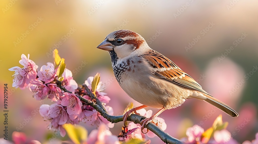 A small brown and white sparrow perched on a branch with pink blossoms against a blurred background. A small brown and white sparrow perched on a branch with pink blossoms against a blurred background.