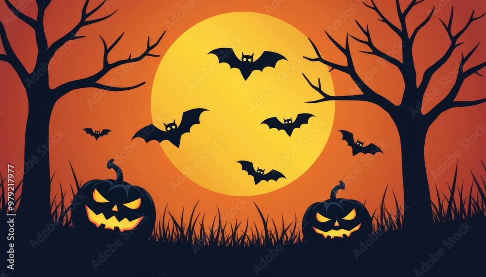 Spooky Halloween night with jackolanterns and bats Spooky Halloween night with jackolanterns and bats