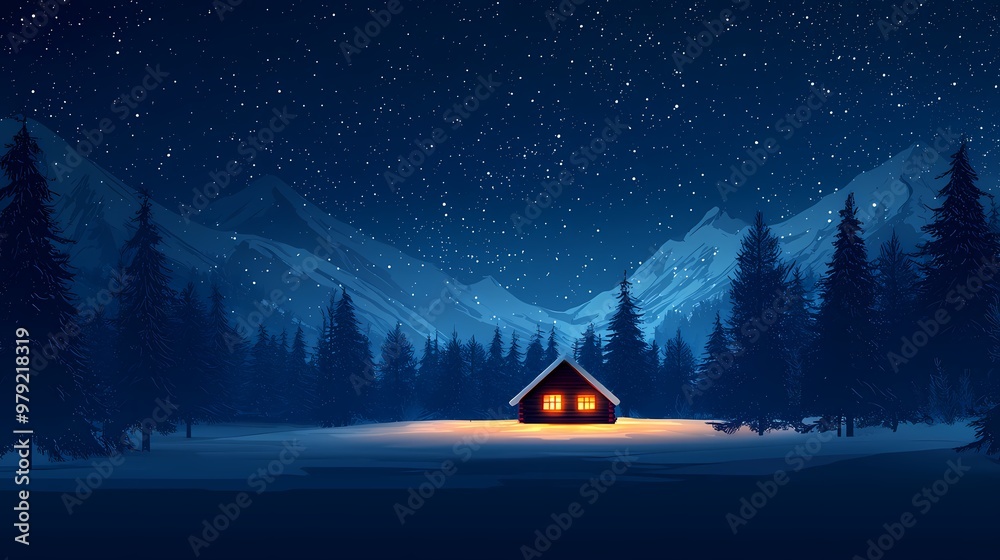 A cozy cabin illuminated at night in a serene winter landscape.