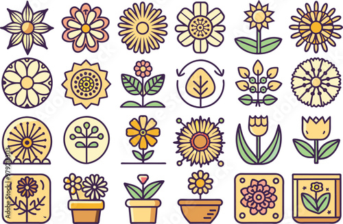 Chamomile Flower flat icon set Includes Blossom, Petals, Stem, Herbal Tea, Natural Remedy and more. vector illustration.