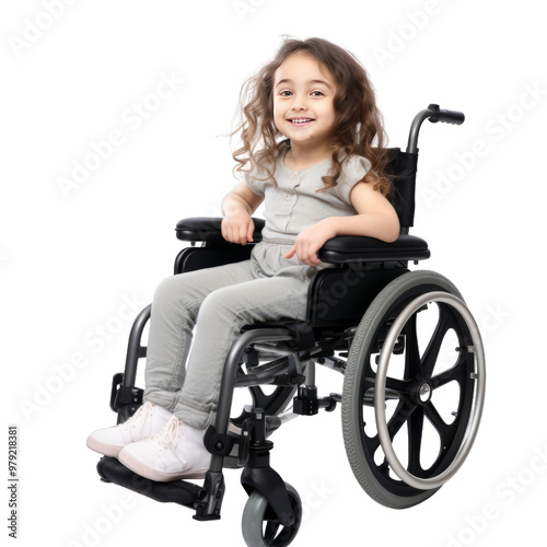 Full body portrait of smiling preschool girl looking at camera while sitting on disabled wheelchair and isolated on transparent background. Children with disabilities concept.