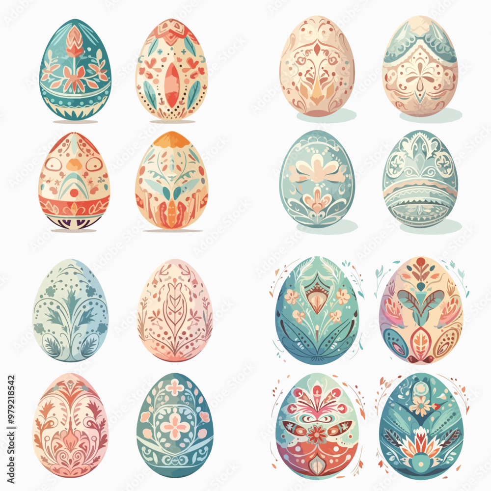 The eggs are arranged in a grid, with some overlapping and others standing alone The eggs are arranged in a grid, with some overlapping and others standing alone