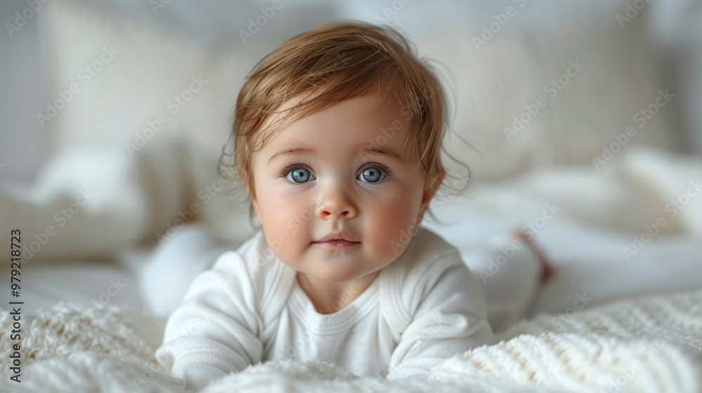 Curious baby with enchanting blue eyes explores a cozy white blanket in a serene indoor setting during the morning light. Generative AI Curious baby with enchanting blue eyes explores a cozy white blanket in a serene indoor setting during the morning light. Generative AI