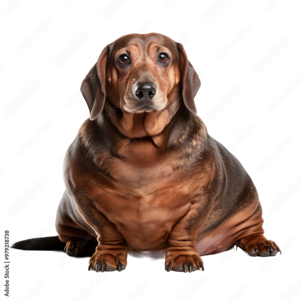 Adorable and curious overweight Dachshund dog with brown fur looking at camera while sitting and isolated against transparent background, png file. Adorable and curious overweight Dachshund dog with brown fur looking at camera while sitting and isolated against transparent background, png file.