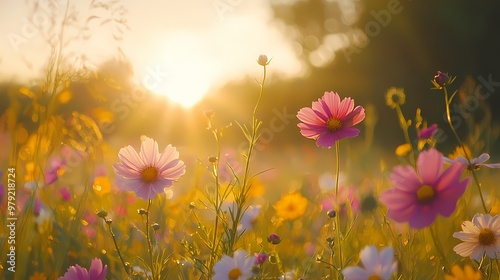 Beautiful field of colorful flowers at sunset, capturing nature's serene beauty.