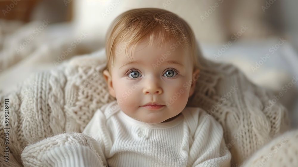 A curious baby nestled in a cozy blanket during a serene afternoon at home, radiating pure innocence and wonder. Generative AI A curious baby nestled in a cozy blanket during a serene afternoon at home, radiating pure innocence and wonder. Generative AI