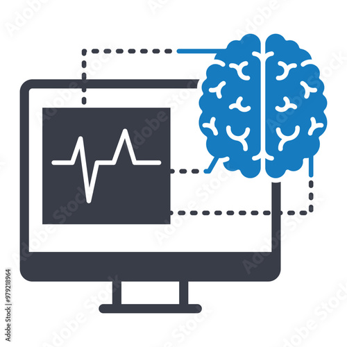 Brain with monitor icon. Brain Computer Interface Icon. Showcases a human head with neural connections to a computer, symbolizing neurotechnology.