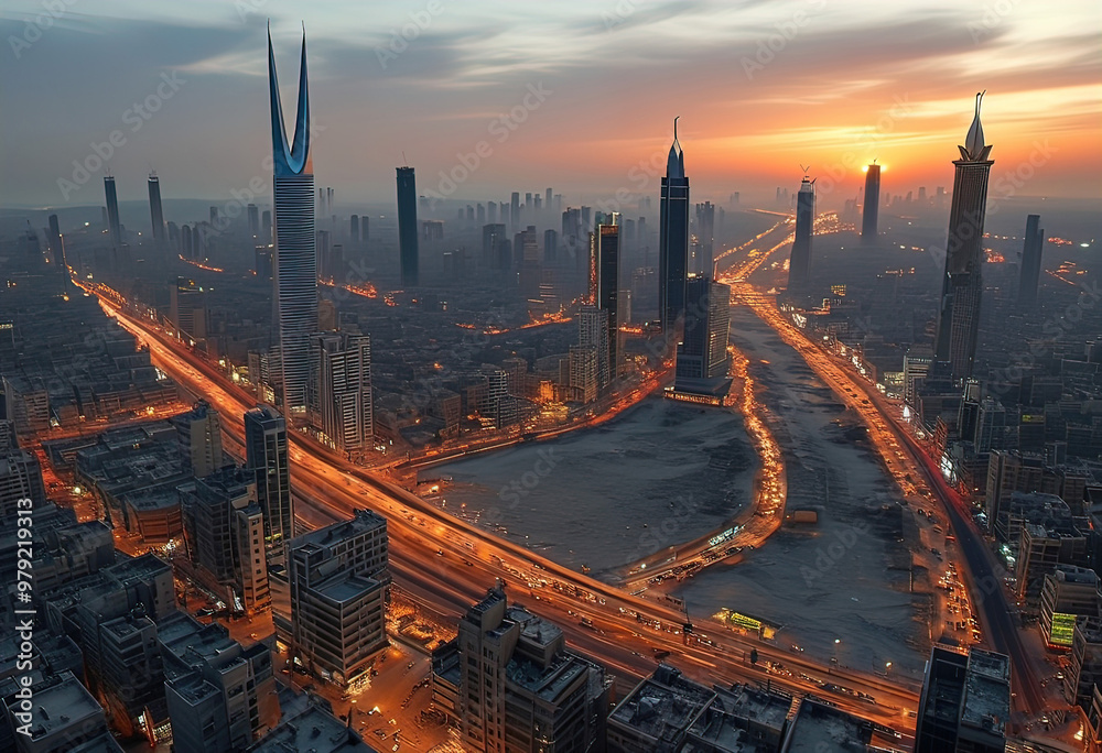 Fototapeta premium Panoramic views of modern advanced metropolis with business centers and highways at dawn.