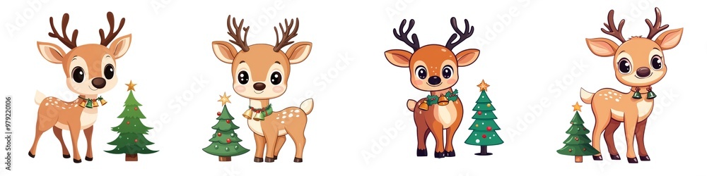 Charming cartoon deer character designs with festive trees, perfect for holiday-themed projects and cheerful decorations. Charming cartoon deer character designs with festive trees, perfect for holiday-themed projects and cheerful decorations.