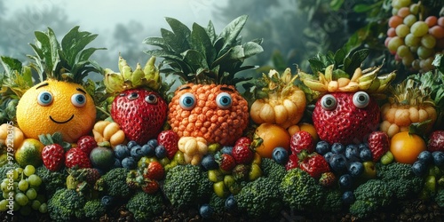 A vibrant city where fruits and vegetables come to life with their own quirky eyes and expressions