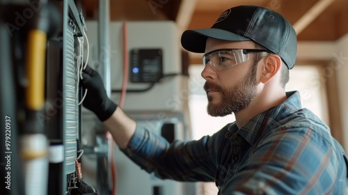 A repair service technician working on an HVAC system in a modern home, using digital tools to monitor the system's performance while conducting maintenance tasks