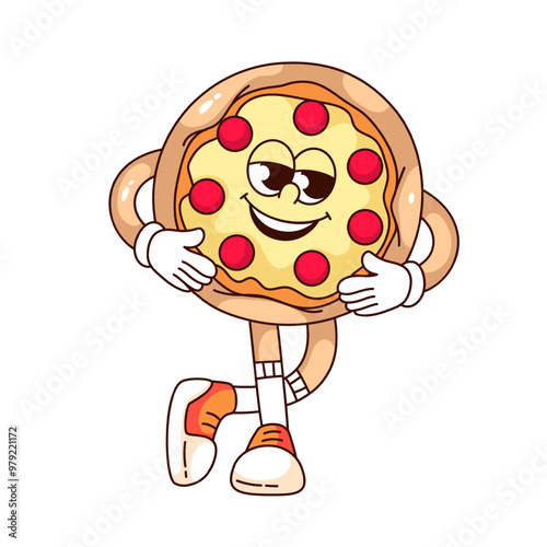 Groovy pizza cartoon character standing in confident pose with smile. Funny retro pizza with pepperoni on cheese, crust and sneakers. Fast food mascot, cartoon sticker of 70s 80s vector illustration