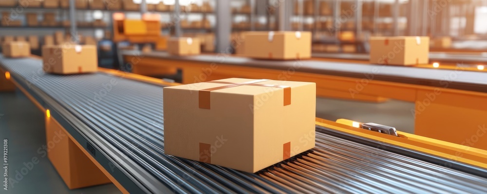 Shipping hub with packages moving through conveyor systems, 3D illustration Shipping hub with packages moving through conveyor systems, 3D illustration
